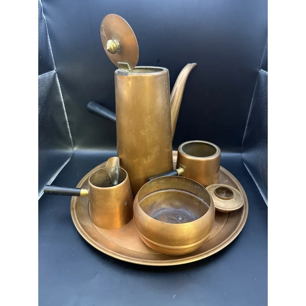 Vintage‎ Mid Century Modern Copper Coffee Tea Set with Tray & Warmer – 6 Pc